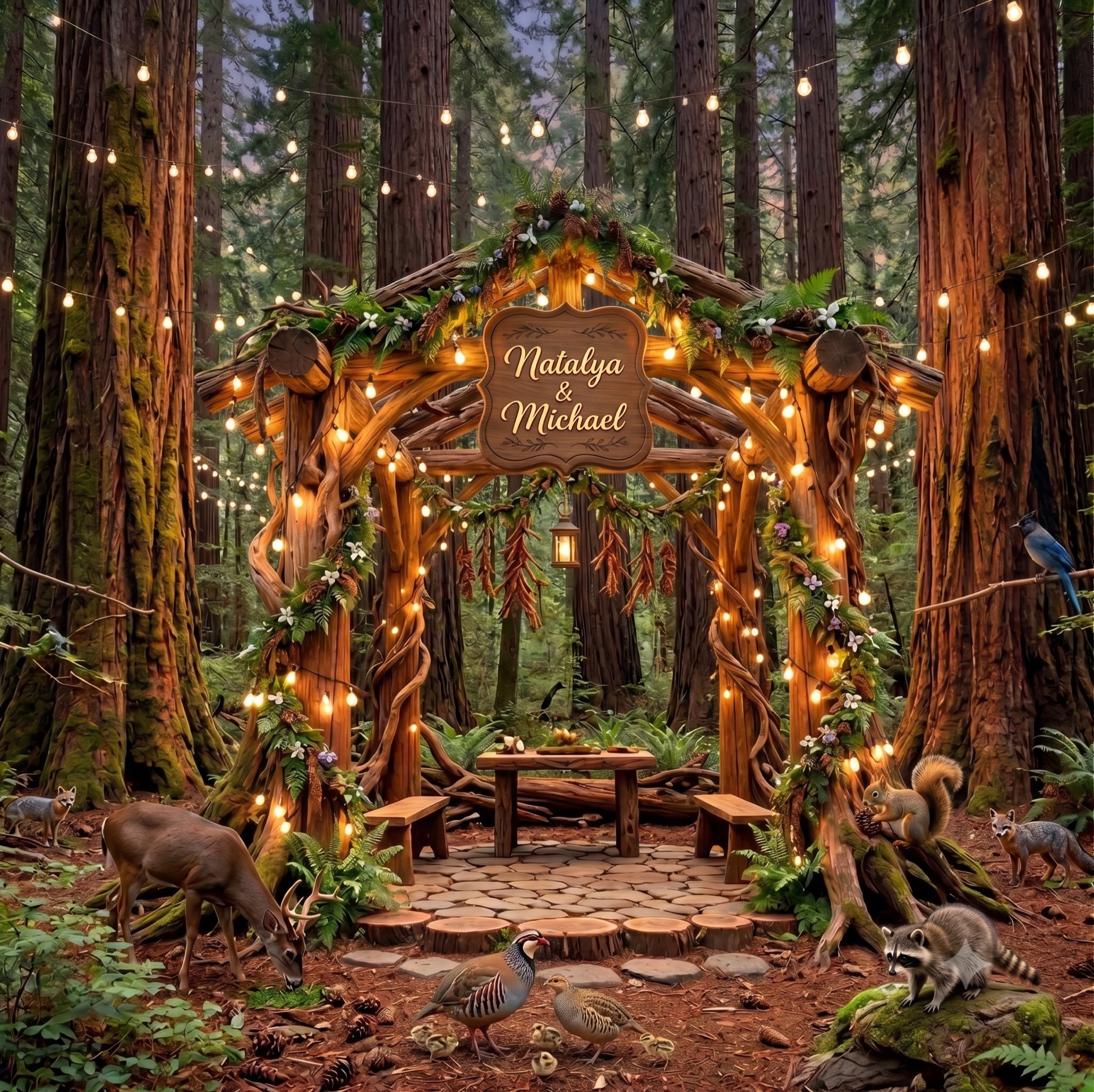 A redwood ceremony arch in the forest for Natalya and Michael